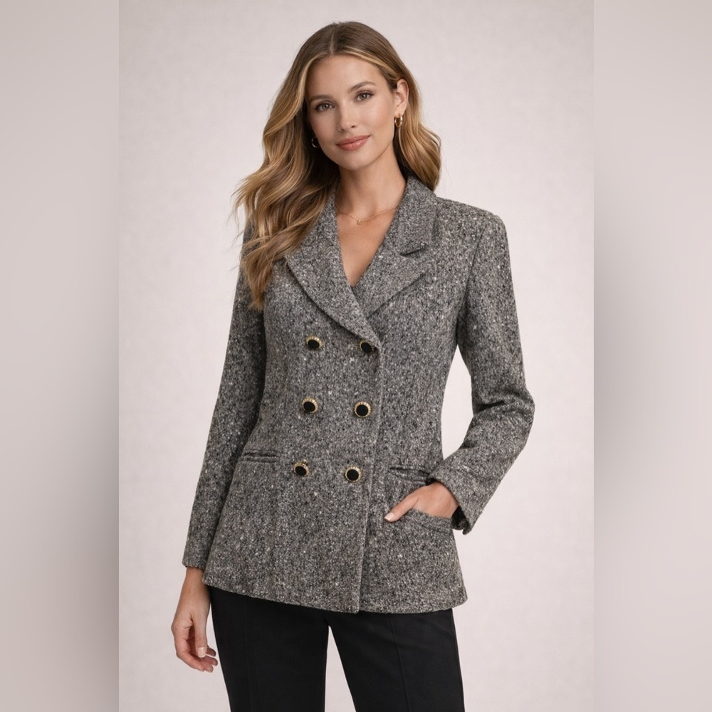 Zang Toi Vtg Charcoal Double-Breasted Speckled Wool Blazer Old Money Grandpacore